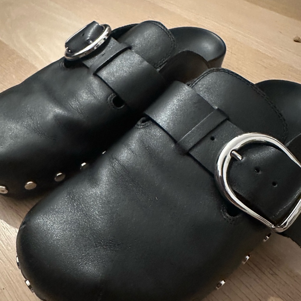 Mango Black Leather Clogs with Silver Buckle